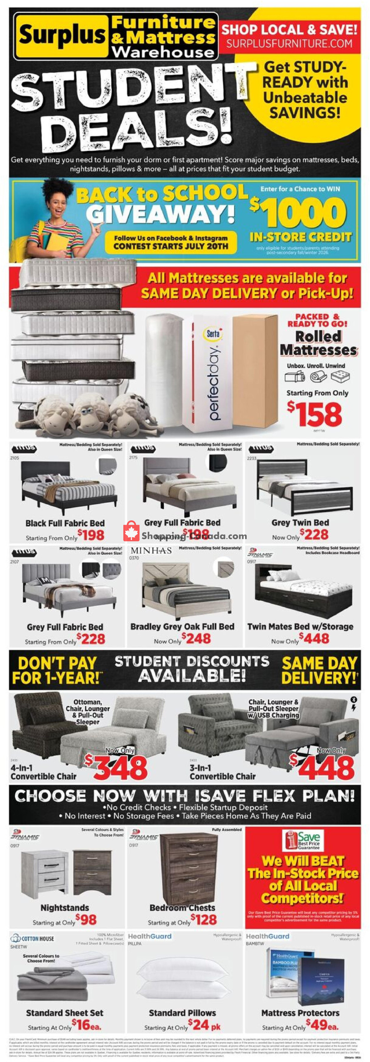 Surplus Furniture And Mattress Store flyer from Monday July 20, 2026 to Sunday August 16, 2026 - page 1