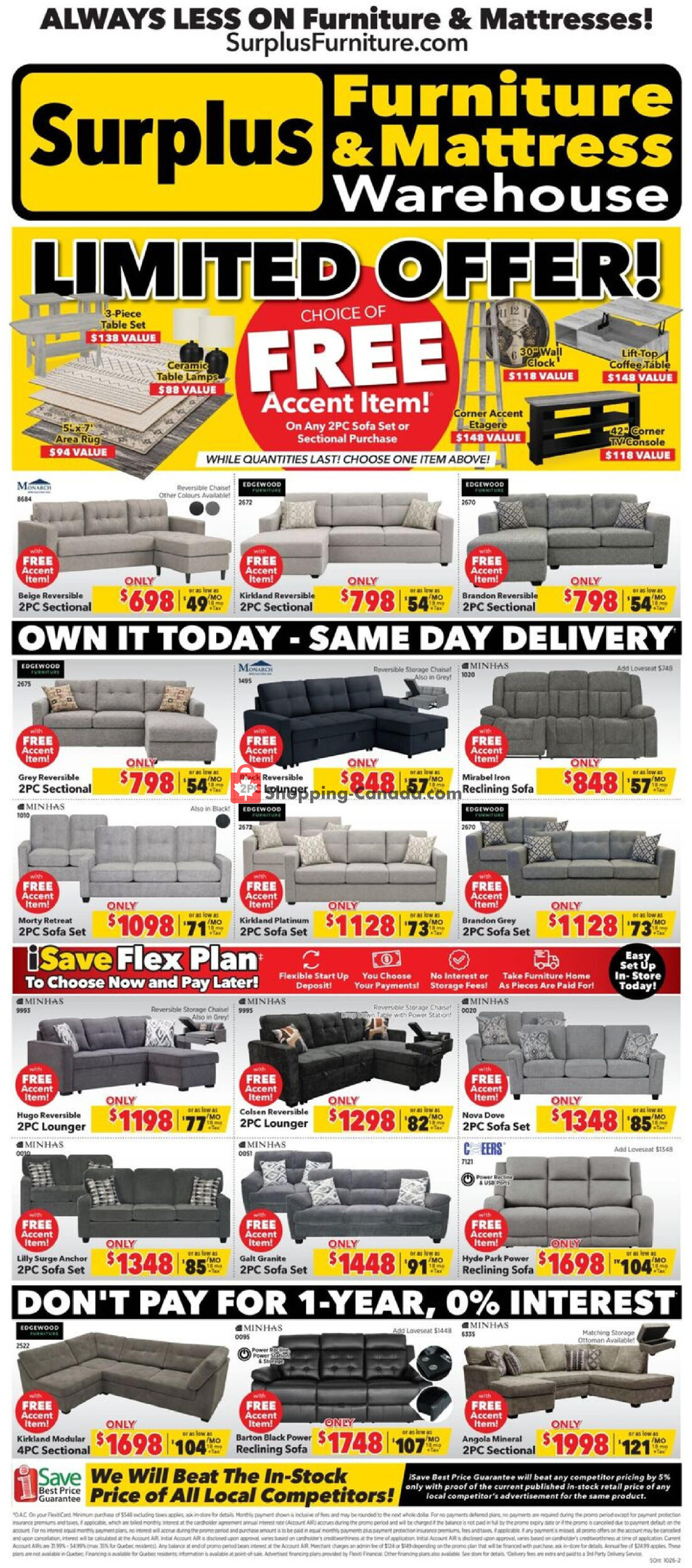 Surplus Furniture And Mattress Store flyer from Monday October 5, 2026 to Sunday October 25, 2026 - page 1
