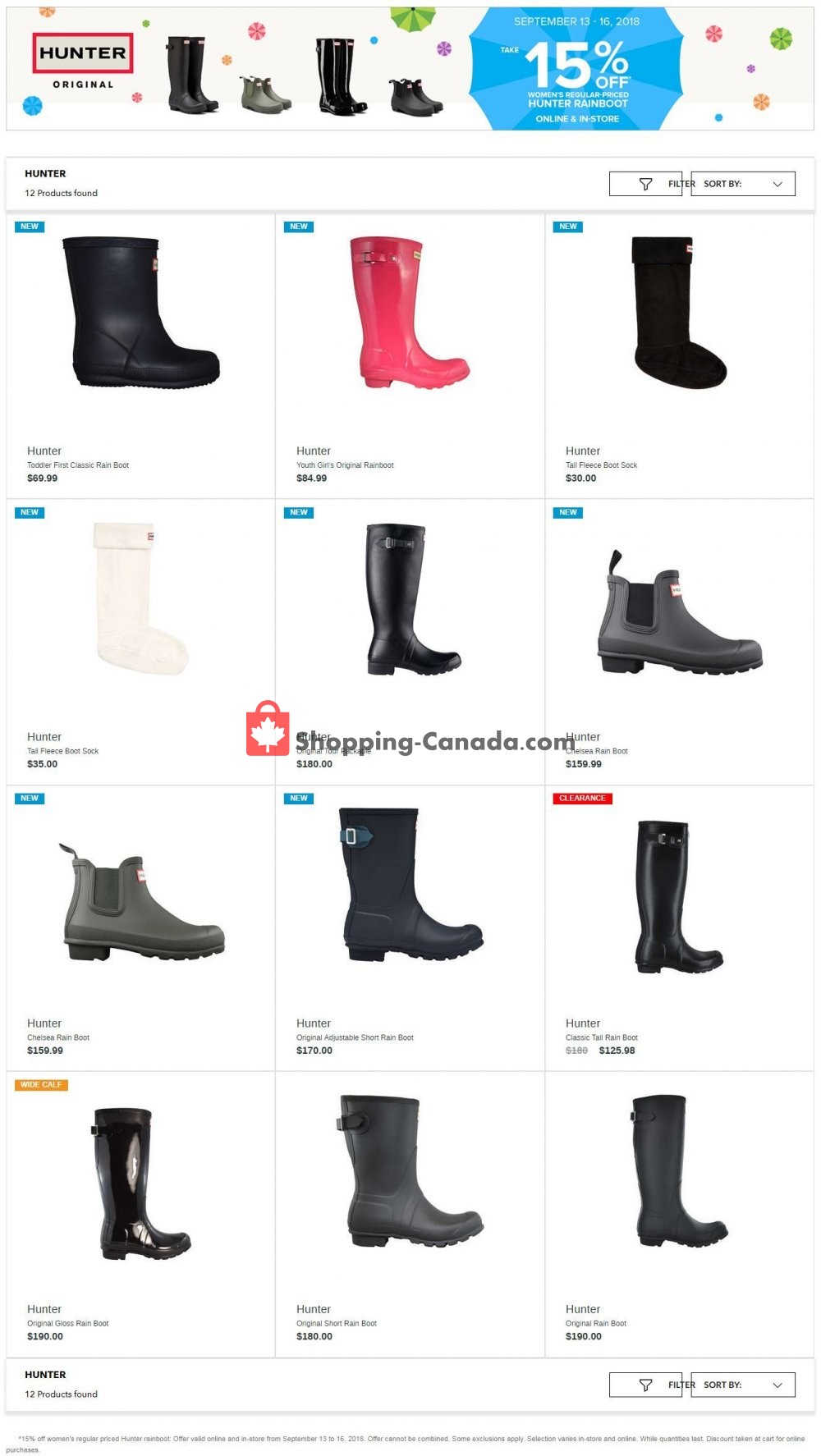 The Shoe Company Canada, flyer Hunter Rainboot September 13