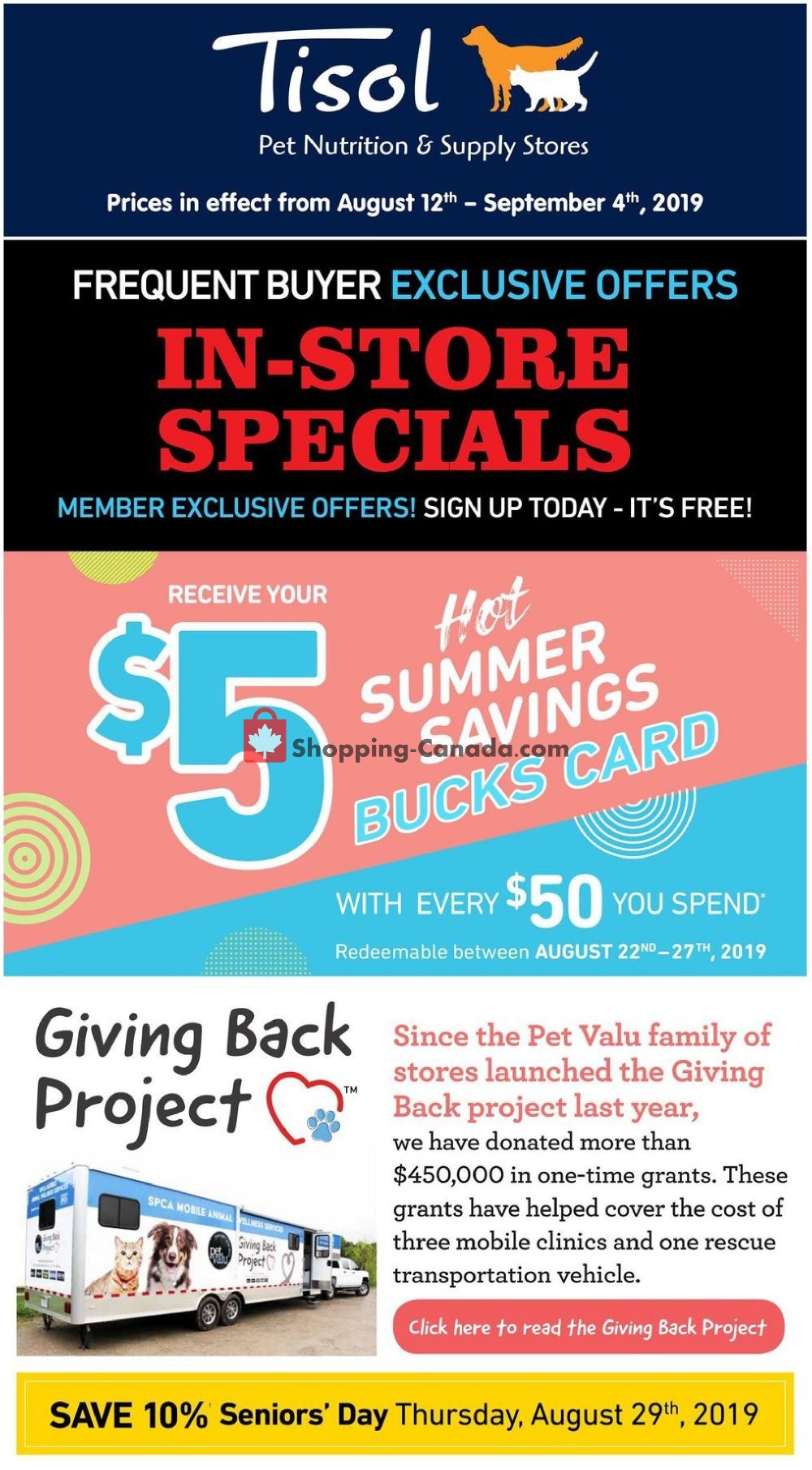 Tisol Pet Nutrition And Supply Stores flyer from Monday August 12, 2019 to Wednesday September 4, 2019 - page 1