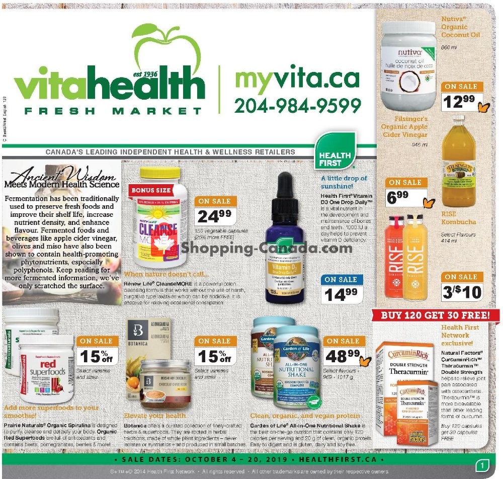 Vita Health Fresh Market flyer from Friday October 4, 2019 to Sunday October 20, 2019 - page 1